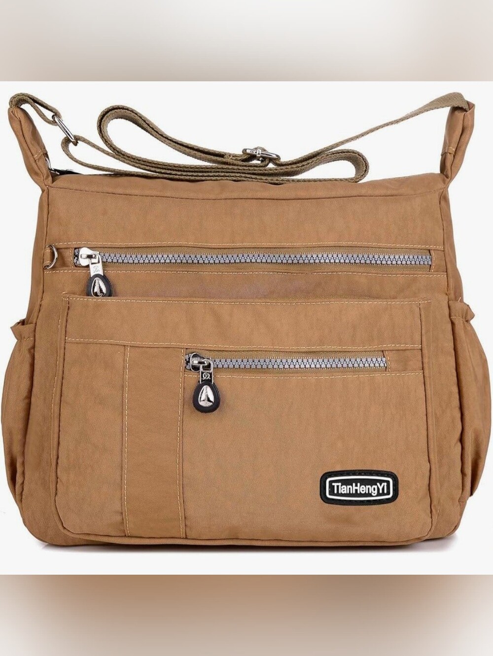 Khaki nylon waterproof messenger bag. [1]